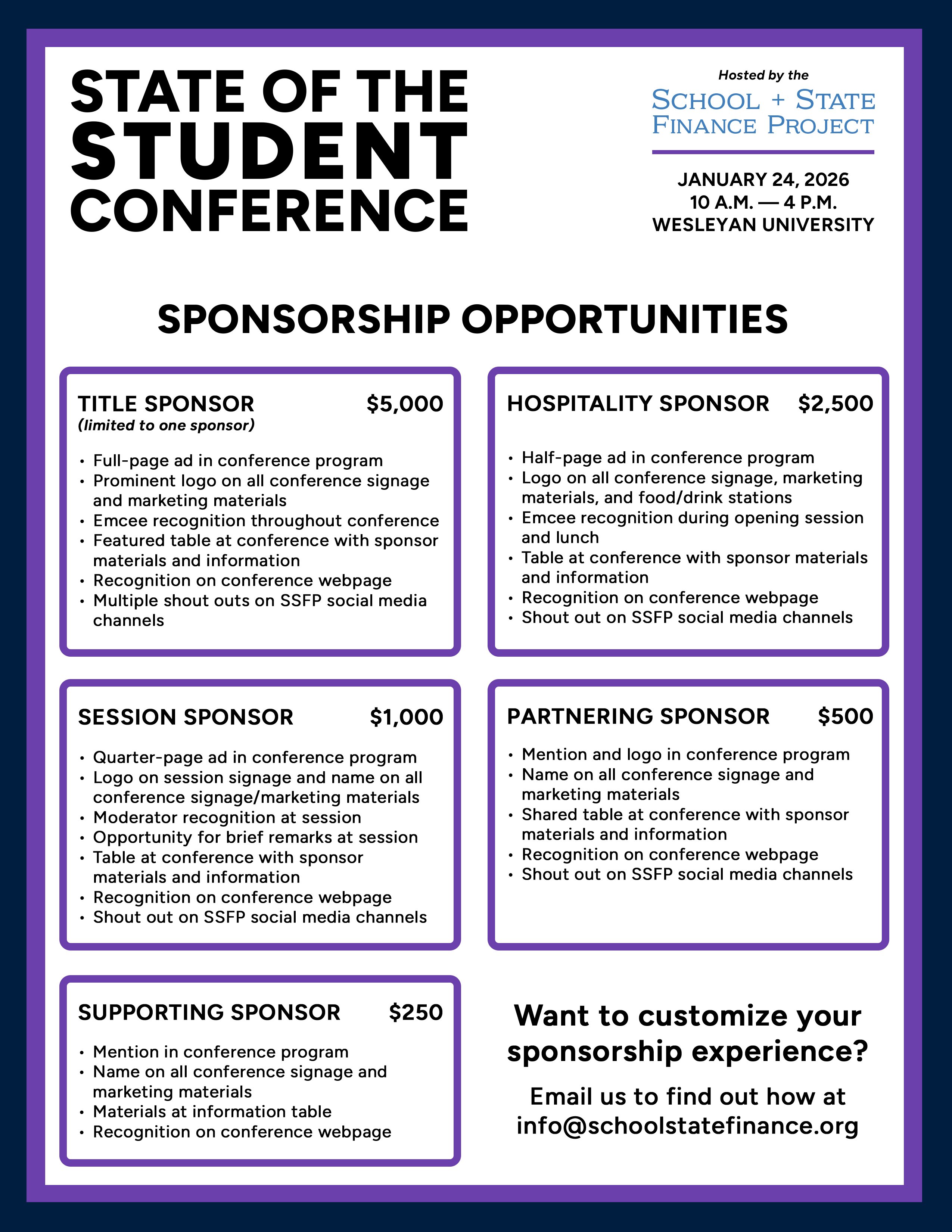 A list of sponsorship opportunities for the 2026 State of the Student Conference