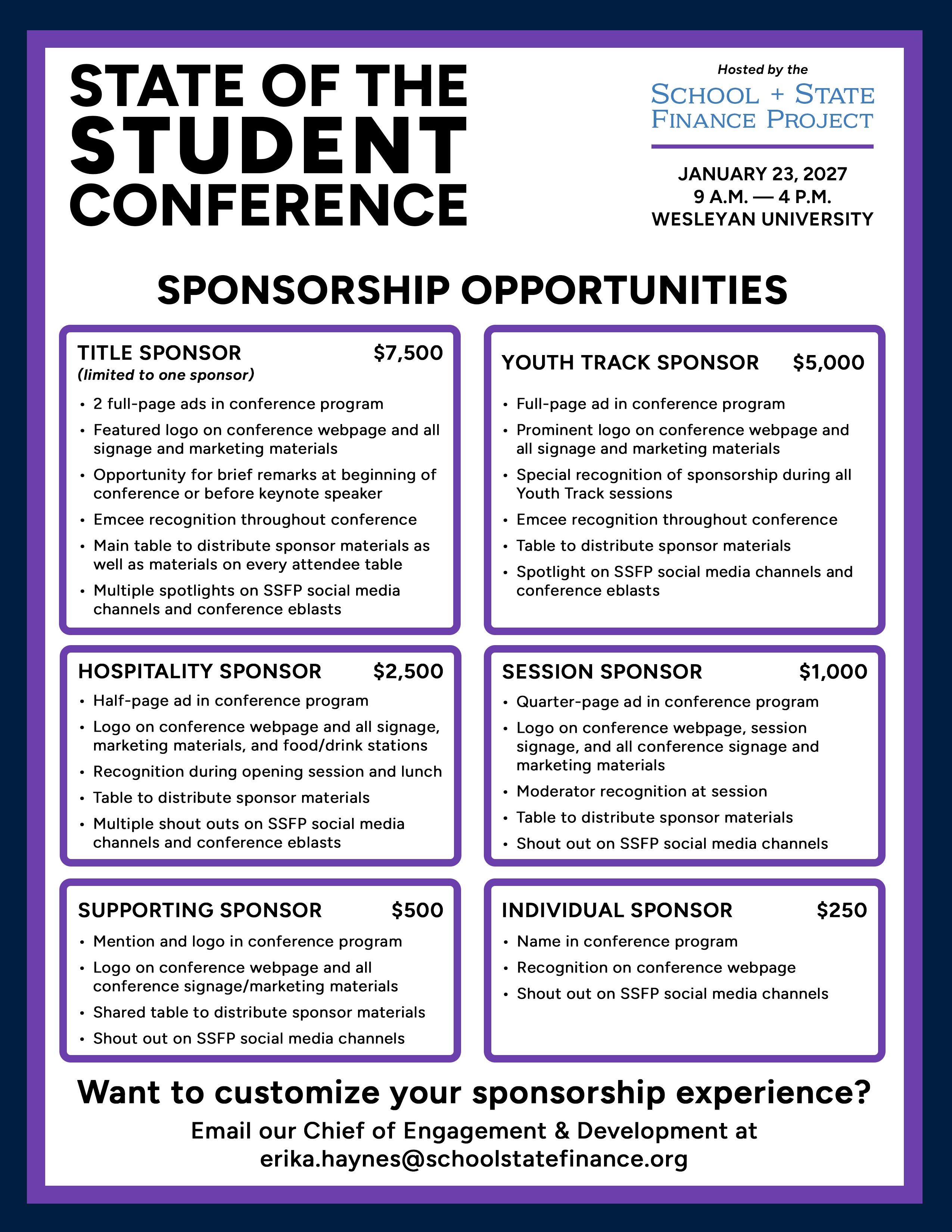 A list of sponsorship opportunities for the 2026 State of the Student Conference
