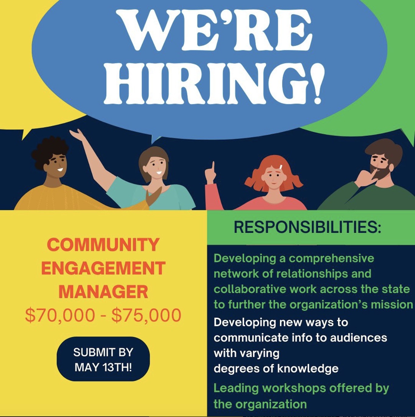 Graphic announcing the hiring of a Community Engagement Manager.