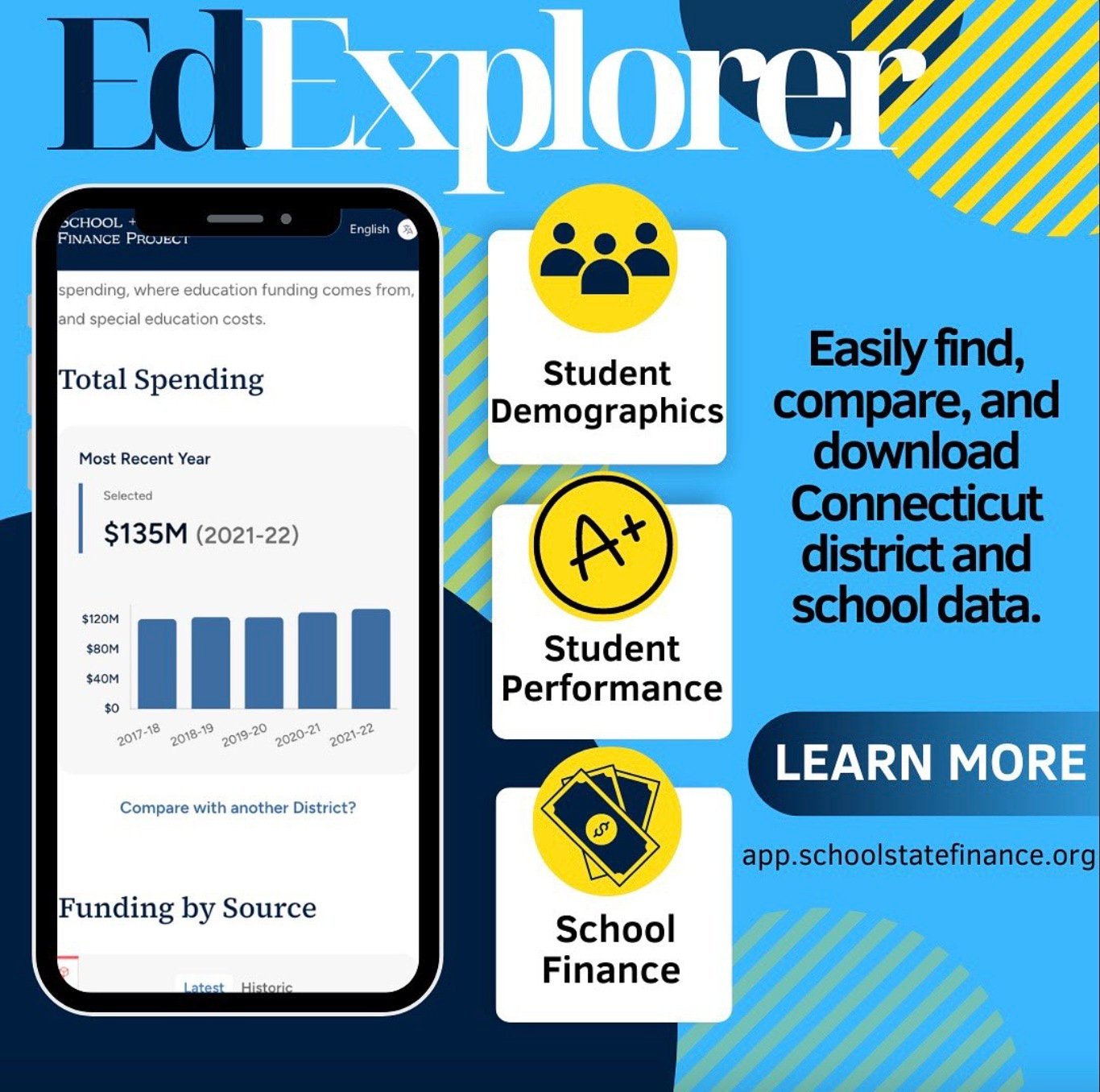 The EdExplorer app is a great way to find, compare, and download Connecticut district and school data.