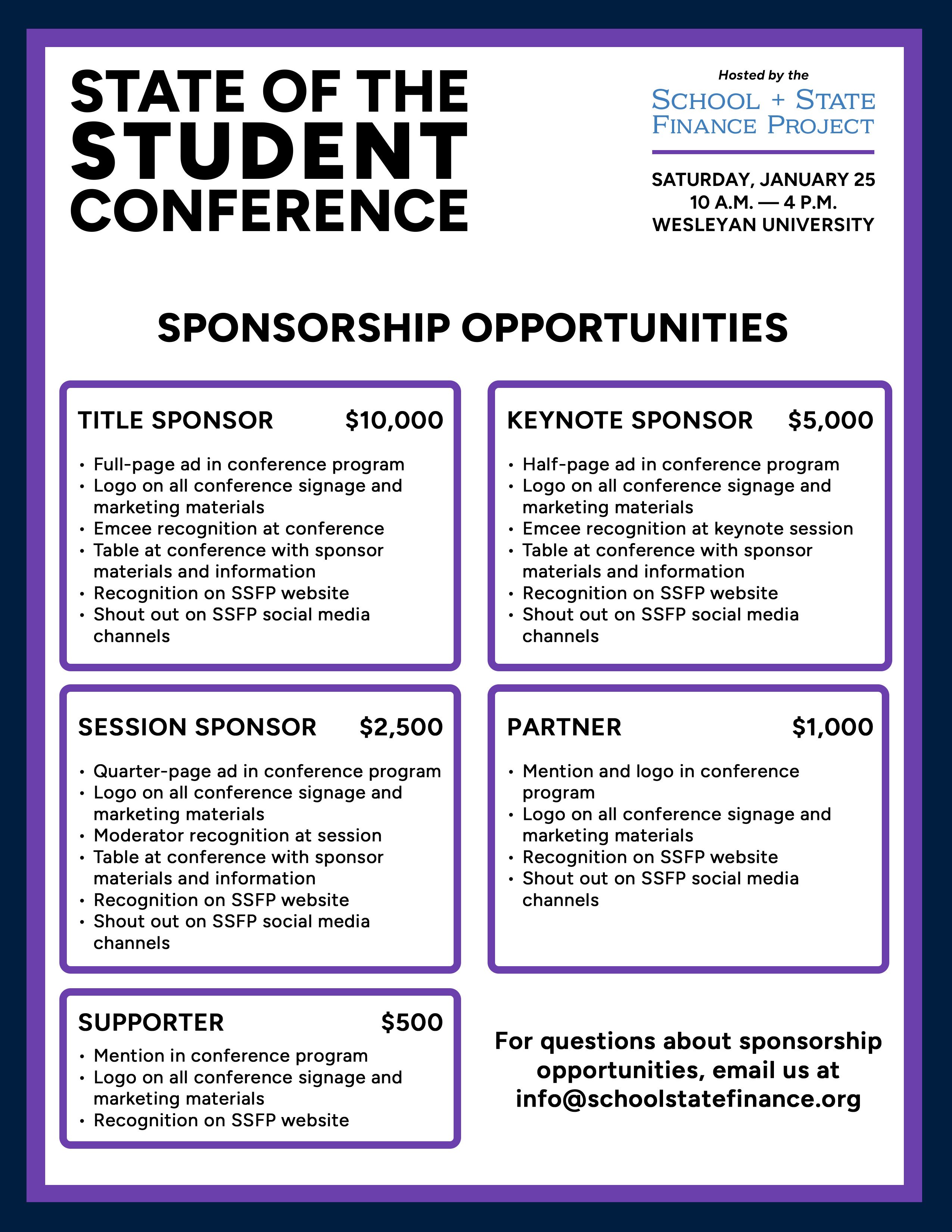 A list of sponsorship opportunities for the 2025 State of the Student Conference