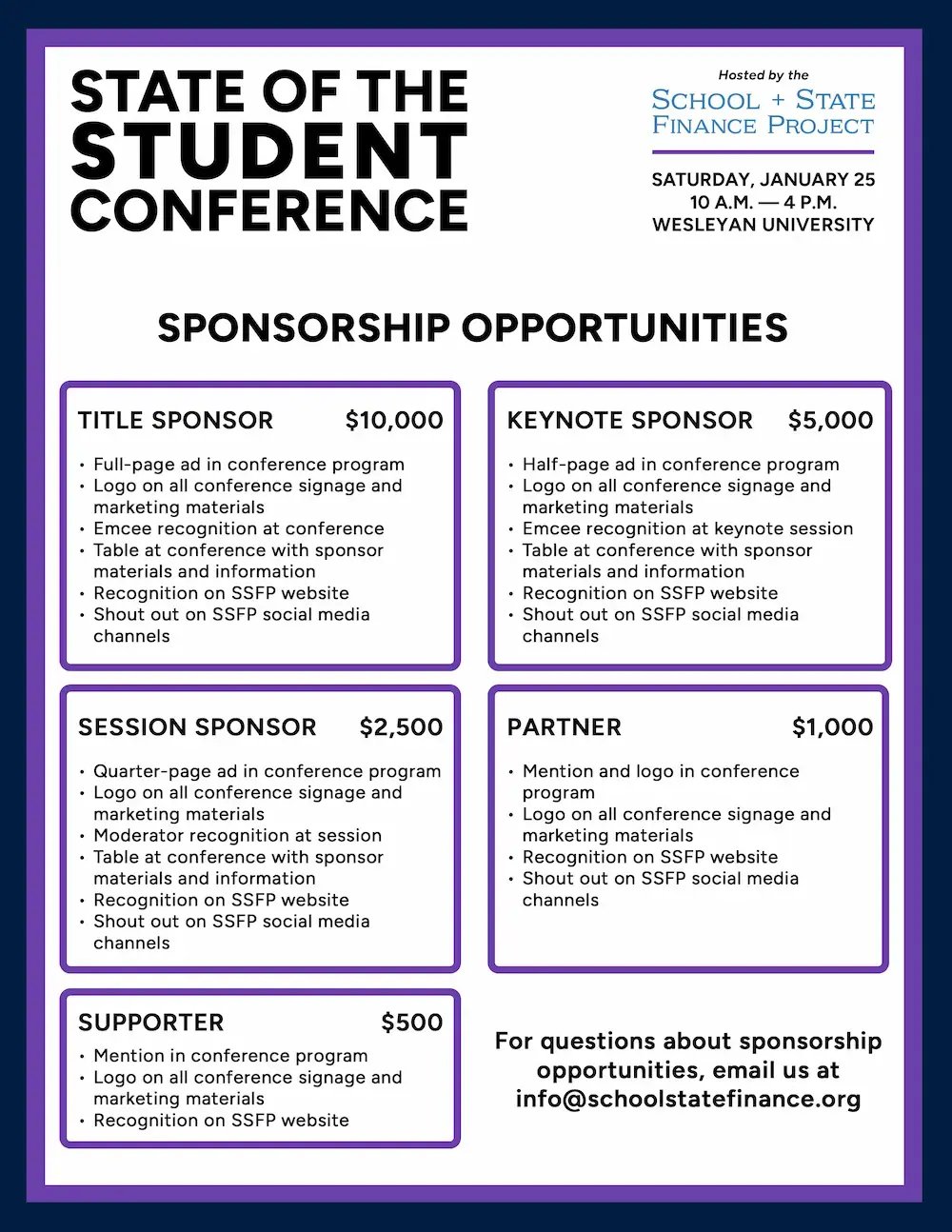 A list of sponsorship opportunities for the 2025 State of the Student Conference