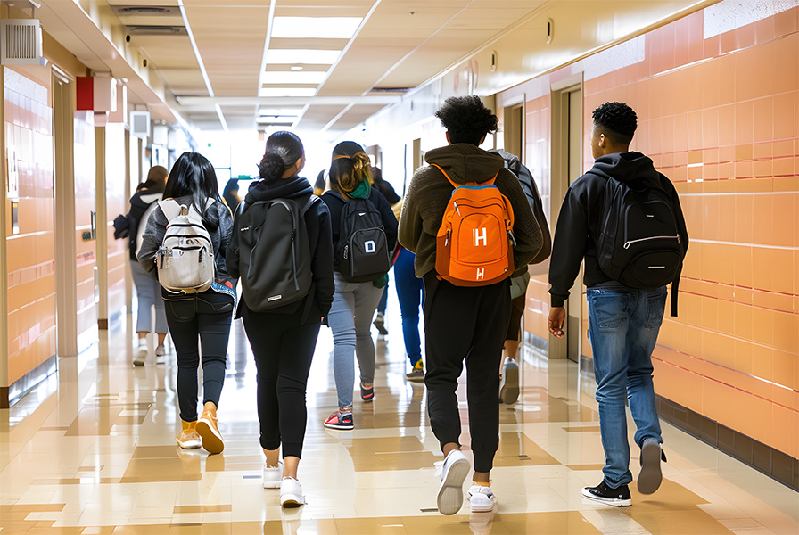 Students walk in a high school hallway