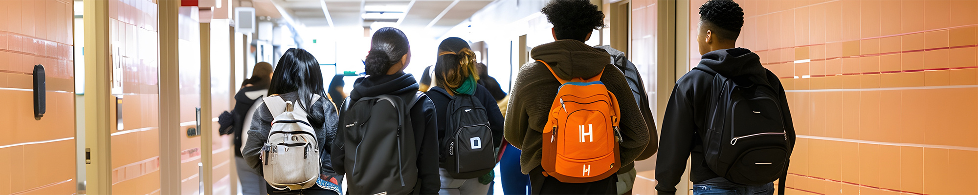 Students walk in a high school hallway